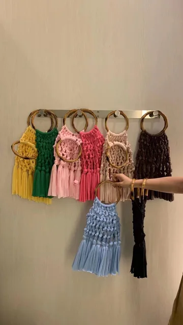 Cotton Knitted Tassel Hollow Bag DIY Hand Woven Bag Circular Handheld Small Bag - Image 10