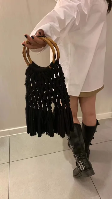 Cotton Knitted Tassel Hollow Bag DIY Hand Woven Bag Circular Handheld Small Bag - Image 8