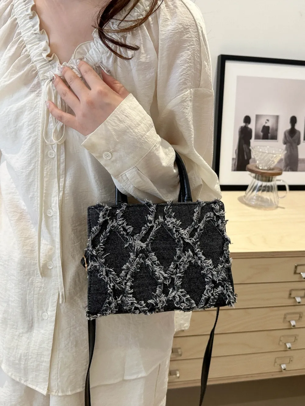 Raw Hem Denim PU Leather Handbag - Image 9