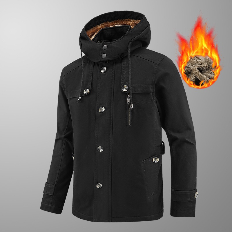 Autumn and winter new velvet windbreaker mid long hooded washed jacket pure cotton plus men's loose jacket - Image 8