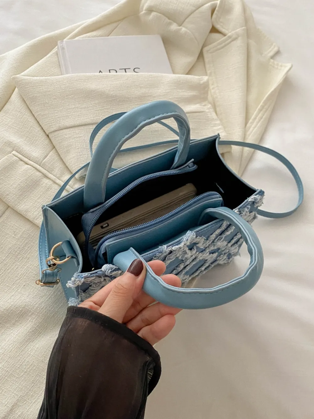 Raw Hem Denim PU Leather Handbag - Image 4