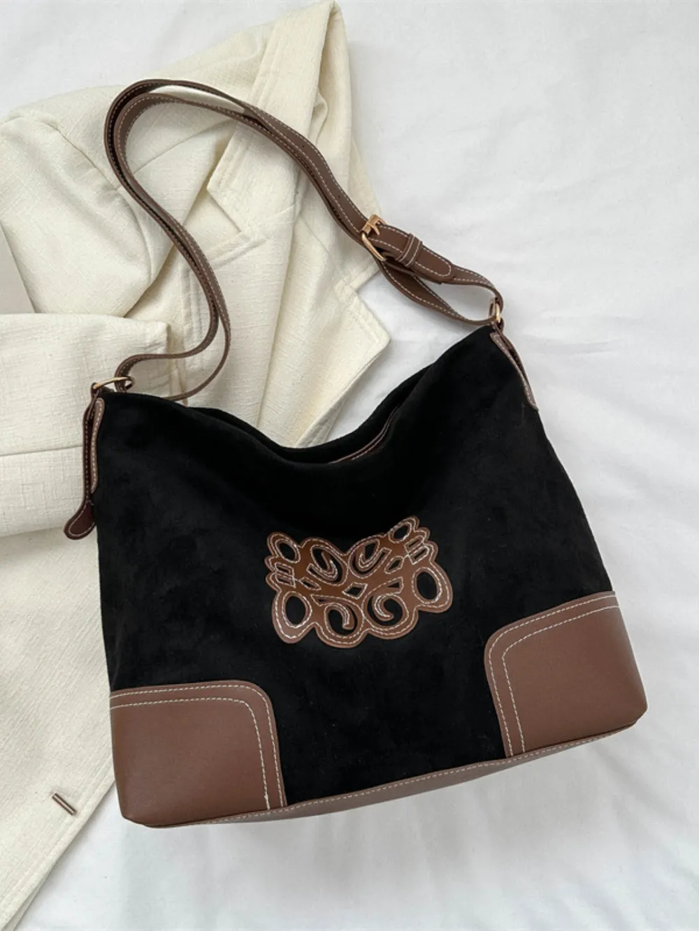 Suede Patch Adjustable Strap Tote Bag - Image 9