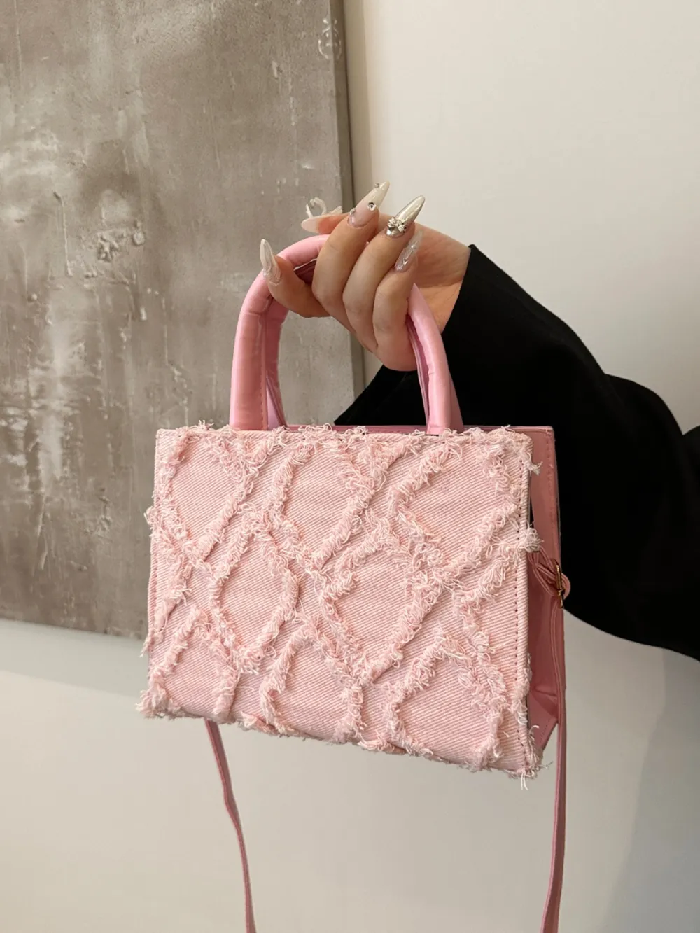 Raw Hem Denim PU Leather Handbag - Image 7