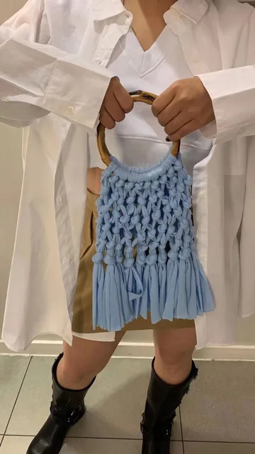 Cotton Knitted Tassel Hollow Bag DIY Hand Woven Bag Circular Handheld Small Bag - Image 11