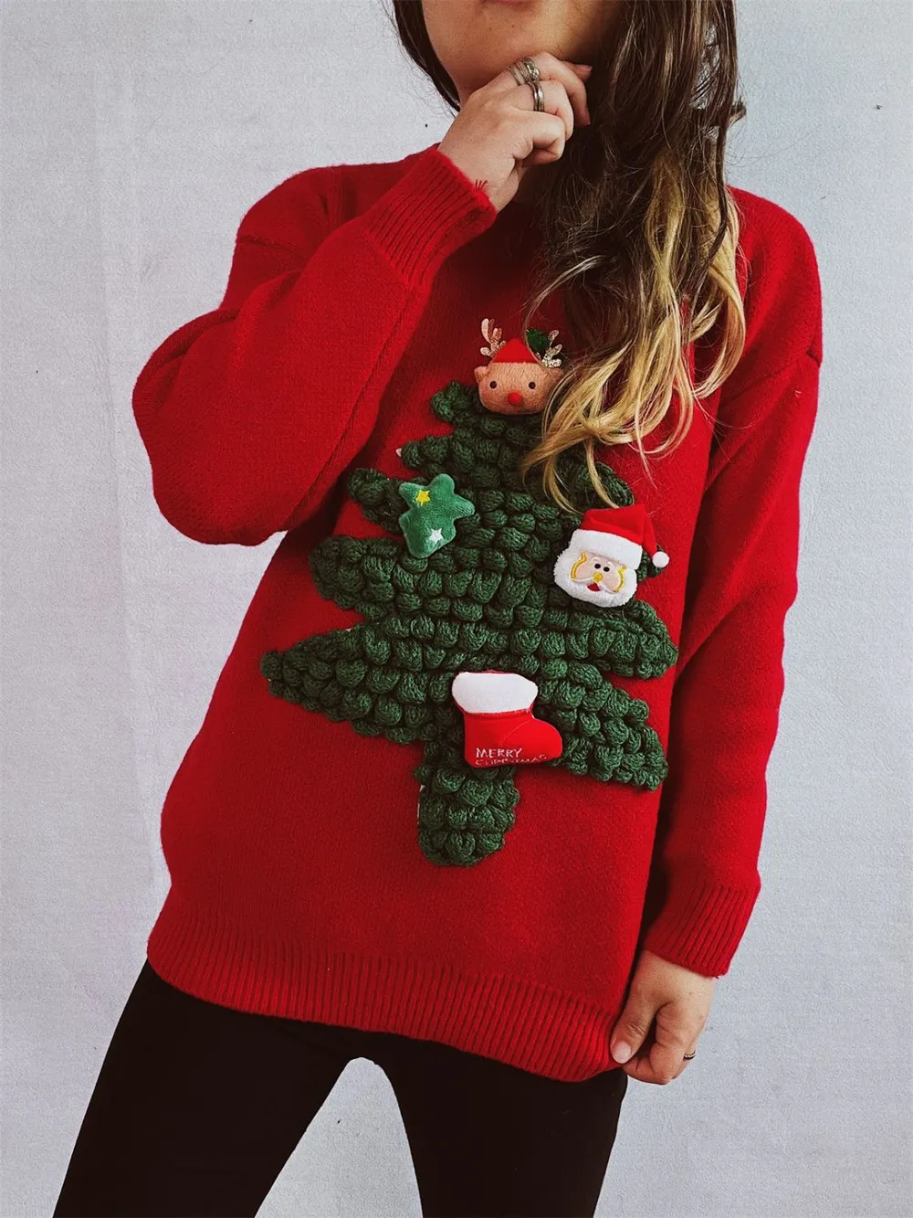 Christmas Tree Round Neck Long Sleeve Sweater - Image 2
