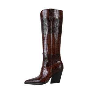 Pump Heel Pointed Toe Plaid Long Boots Women Wine Red Dark Brown Adult Order