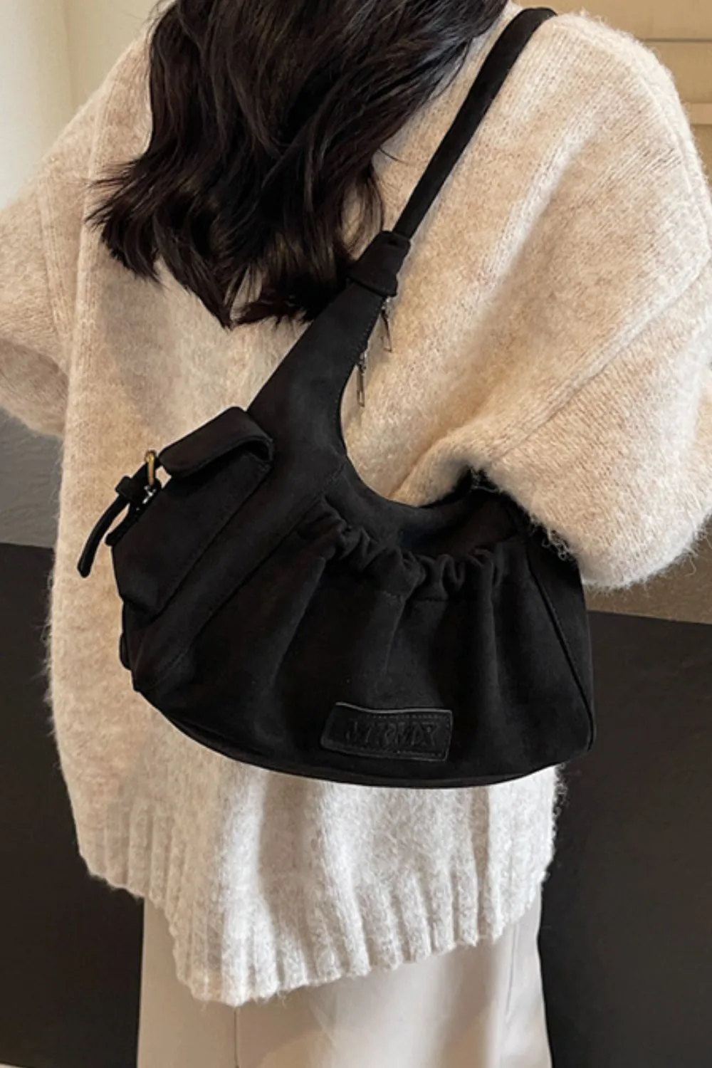 Ruched Suede Handbag with Zipper - Image 13