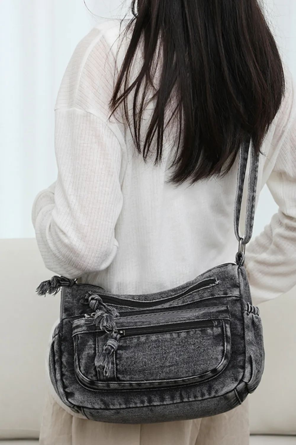 Adjustable Strap Denim Crossbody Bag - Image 8