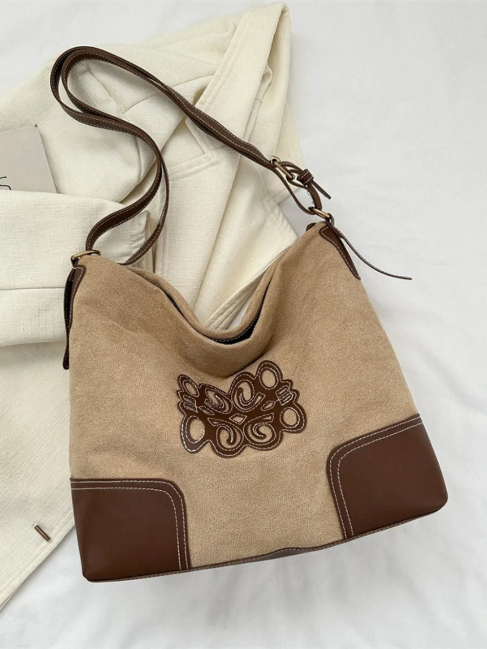 Suede Patch Adjustable Strap Tote Bag - Image 6