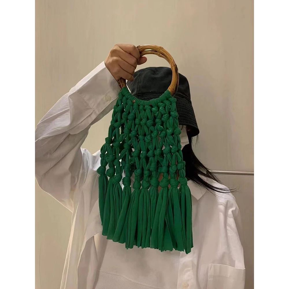 Cotton Knitted Tassel Hollow Bag DIY Hand Woven Bag Circular Handheld Small Bag - Image 3