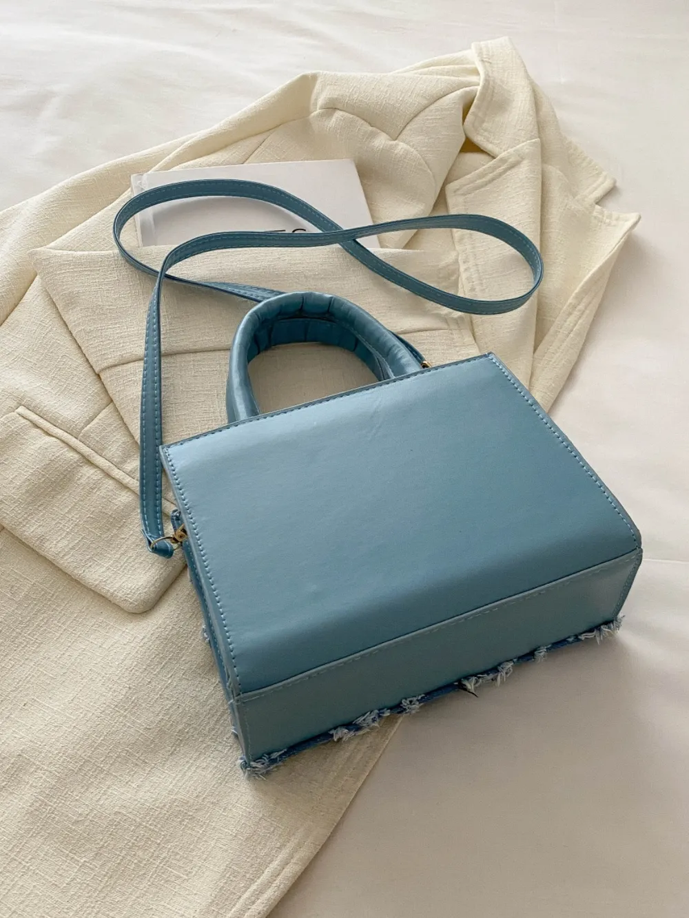 Raw Hem Denim PU Leather Handbag - Image 3