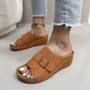 Versatile Buckle Wedge Heel Thick Sole Slip-On Beach Sandals for Women