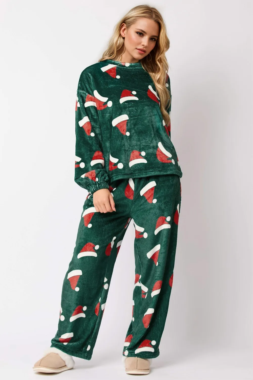 Christmas Hat Pattern Round Neck Long Sleeve Top and Pants Set - Image 3