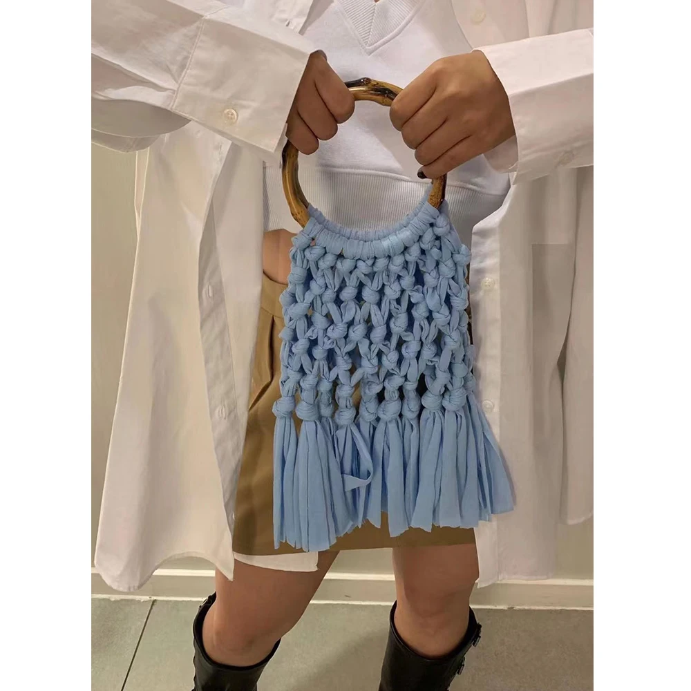 Cotton Knitted Tassel Hollow Bag DIY Hand Woven Bag Circular Handheld Small Bag - Image 5