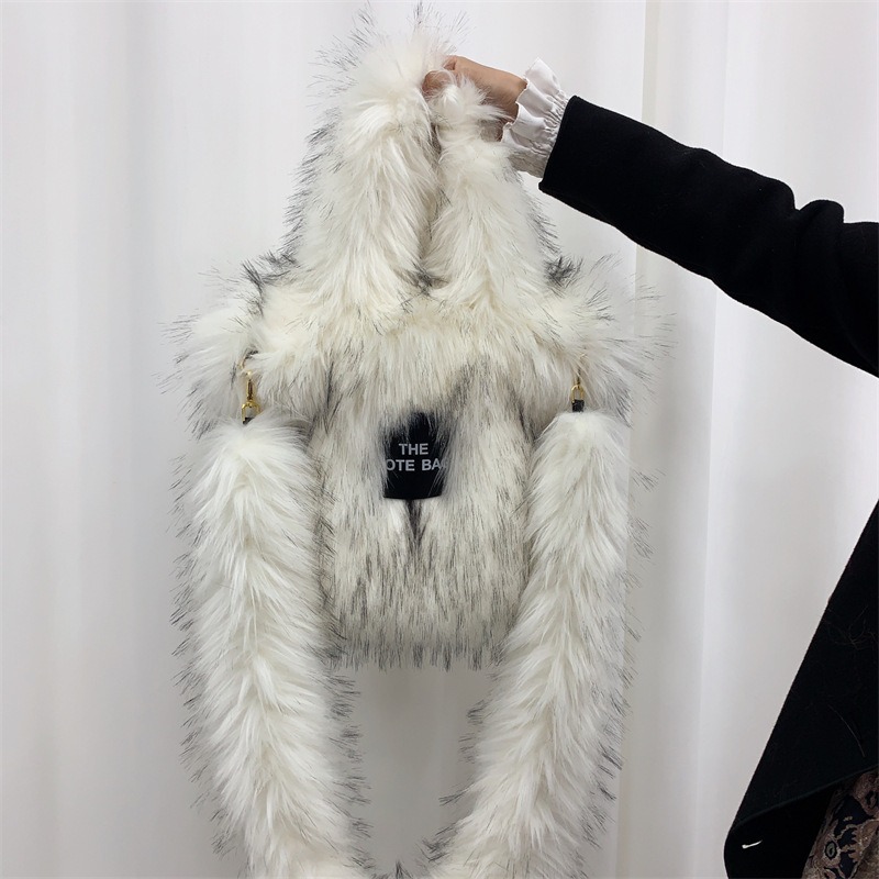 Crossbody Tote Bag Imitation Raccoon Fur Grass Plush Large Capacity Tote Bag Personalized Retro - Image 11