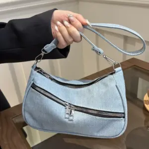 Denim Shoulder Bag with Zip