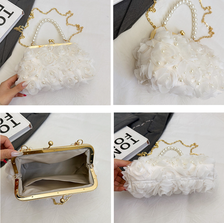 Net Lace Pleated Clutch Evening Handbag Korean Sweet Style Pearl Chain Crossbody Bag - Image 4