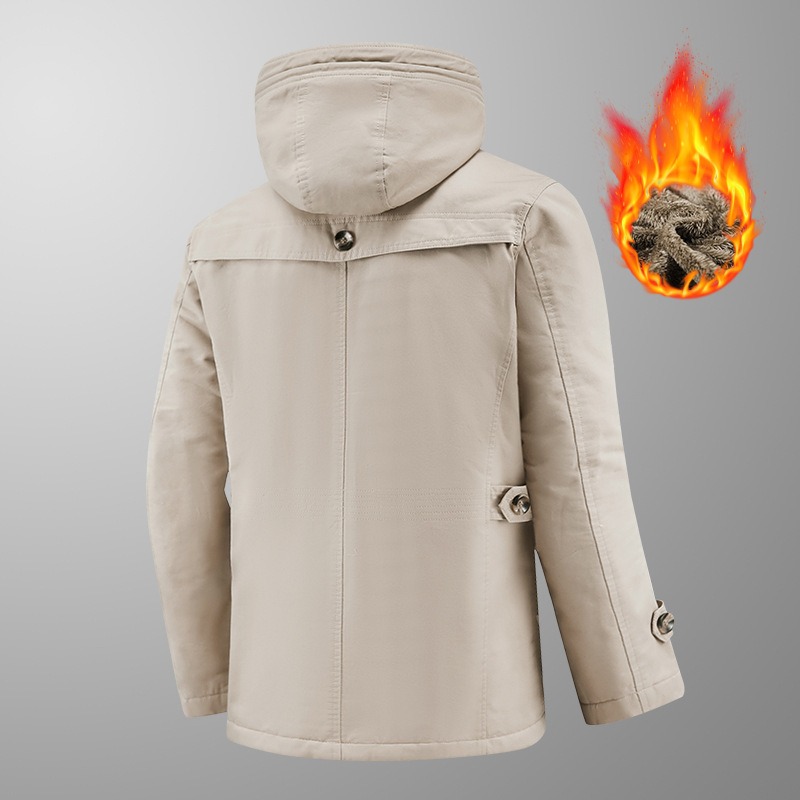 Autumn and winter new velvet windbreaker mid long hooded washed jacket pure cotton plus men's loose jacket - Image 5