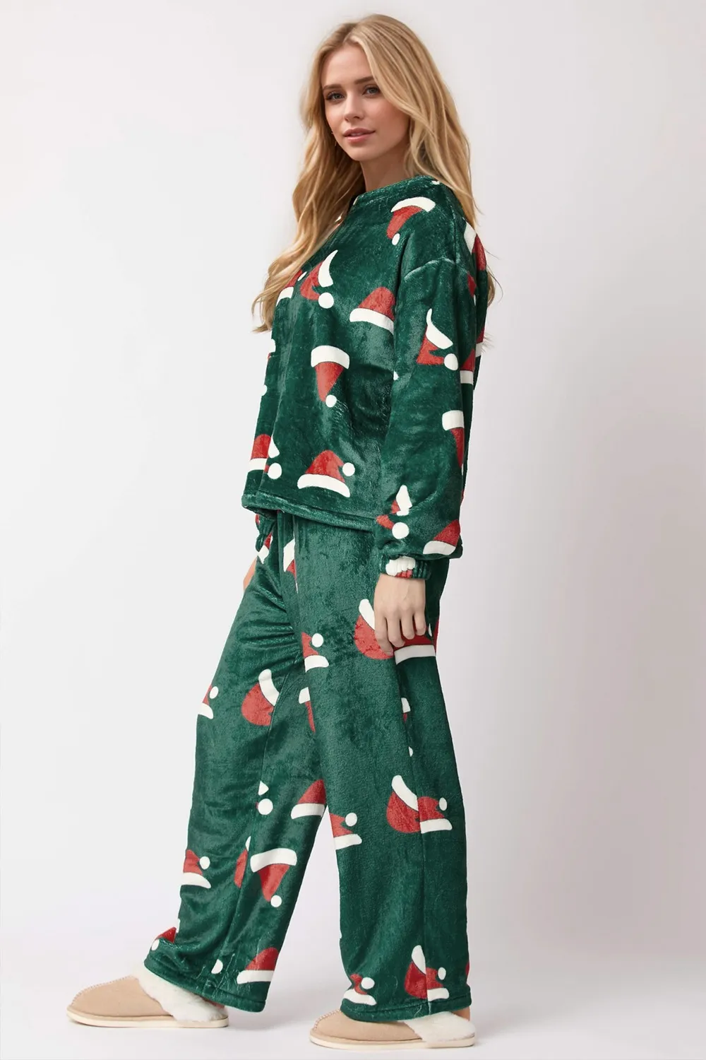 Christmas Hat Pattern Round Neck Long Sleeve Top and Pants Set - Image 2