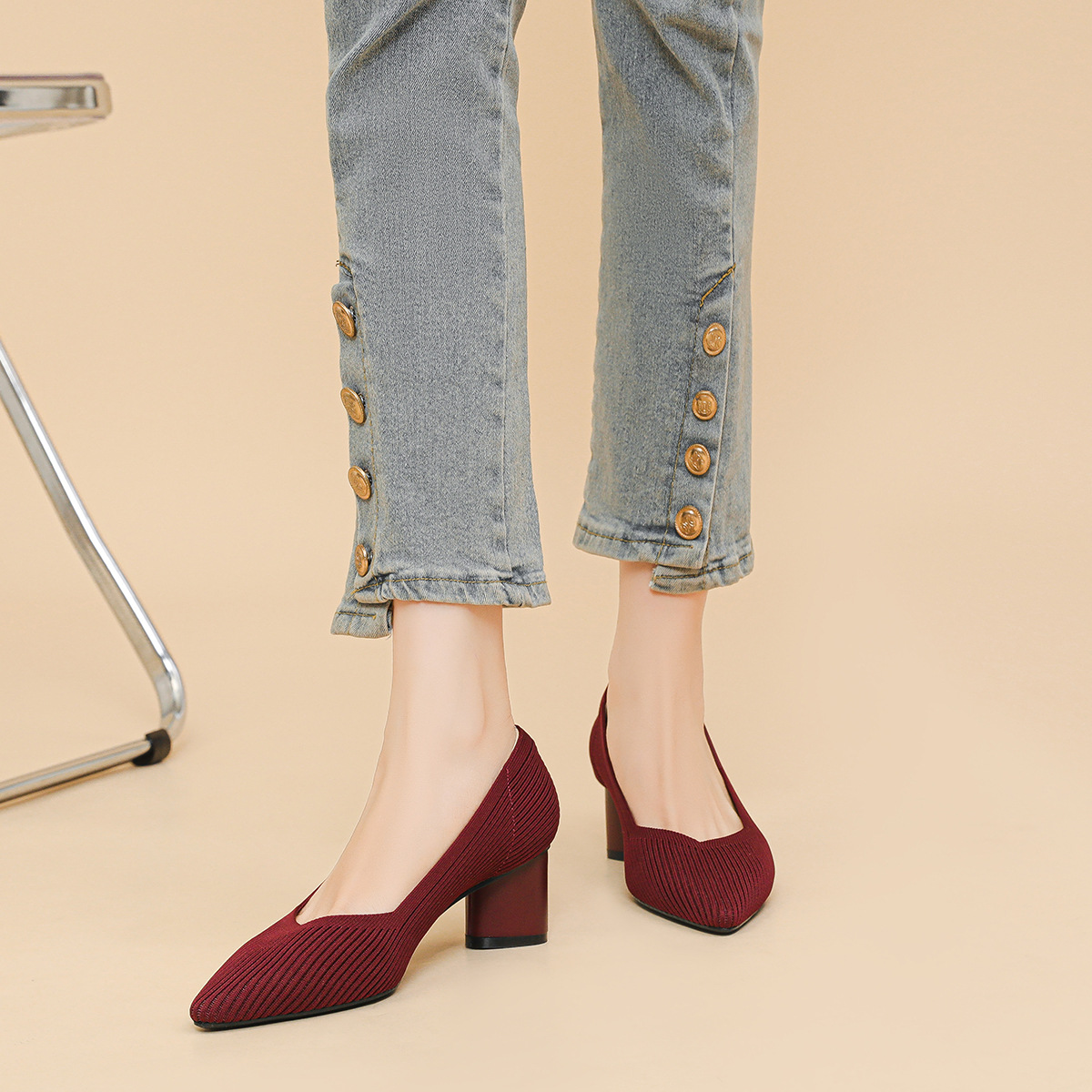 High heels for women thick heel pointed V-neck straight stripe solid color - Image 2