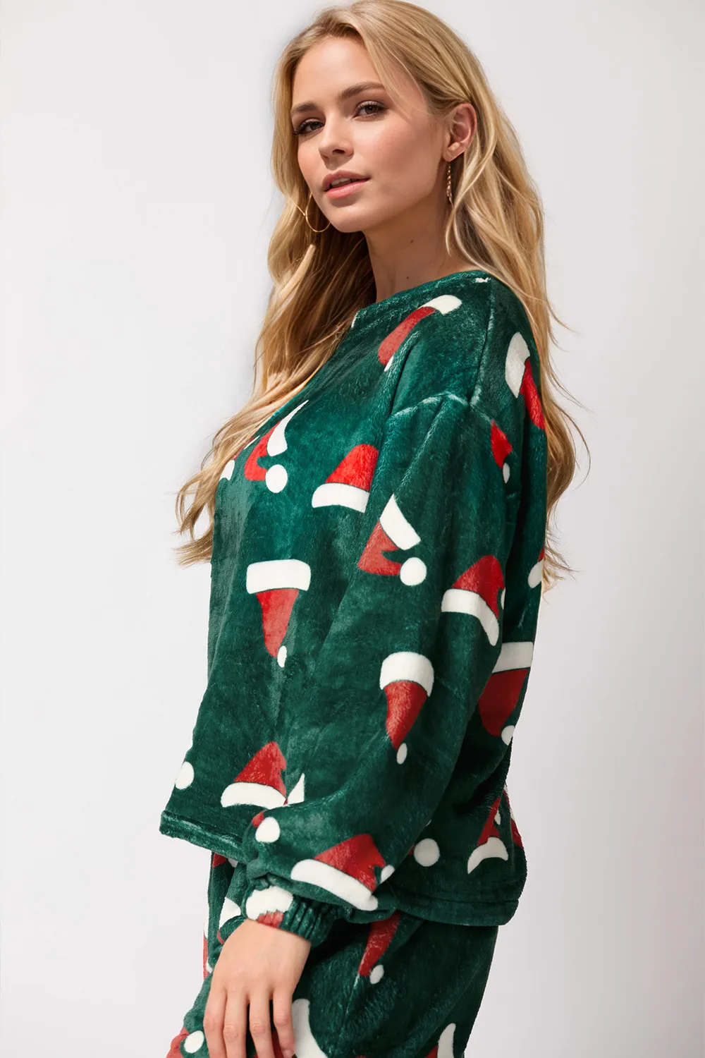 Christmas Hat Pattern Round Neck Long Sleeve Top and Pants Set - Image 6