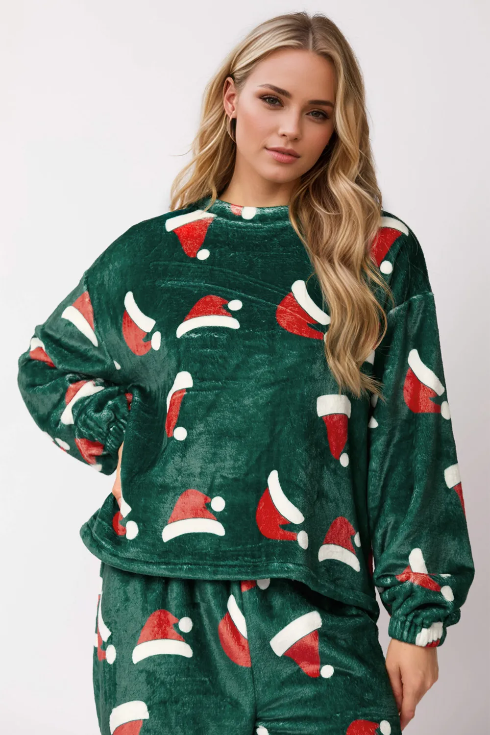 Christmas Hat Pattern Round Neck Long Sleeve Top and Pants Set - Image 5