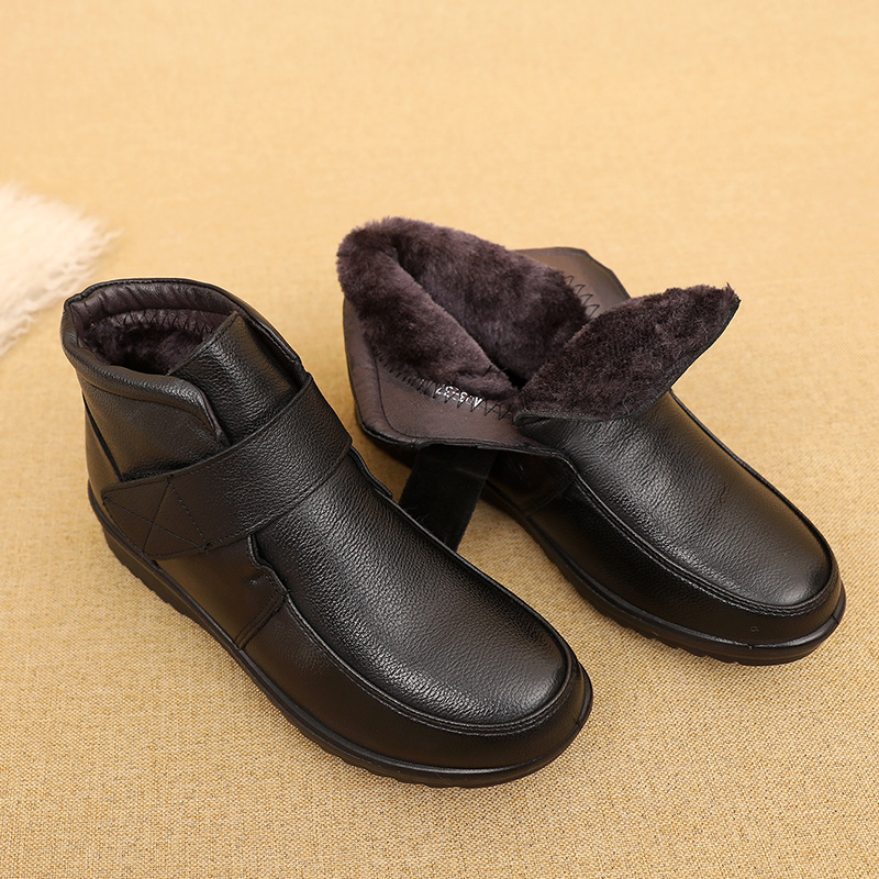 Cotton Shoes Women's Winter Cowhide Middle-aged and Elderly Women's Shoes Thickened Fleece Lined Short Boots Flat Sole Lightweight