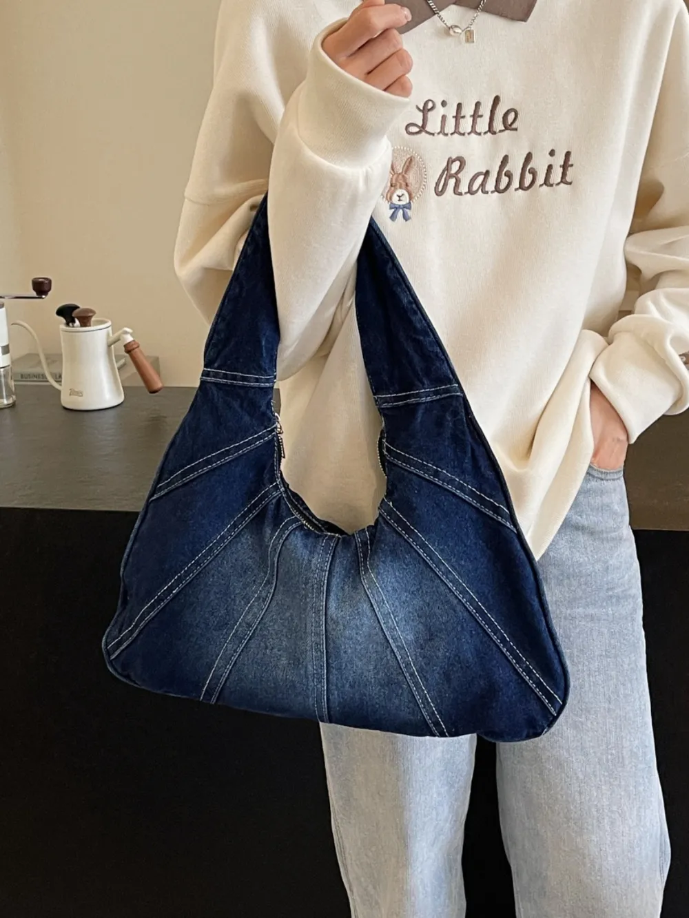 Crescent Shaped Denim Shoulder Bag - Image 10