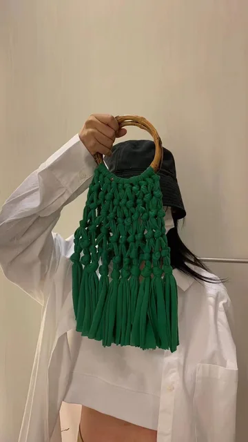 Cotton Knitted Tassel Hollow Bag DIY Hand Woven Bag Circular Handheld Small Bag - Image 12