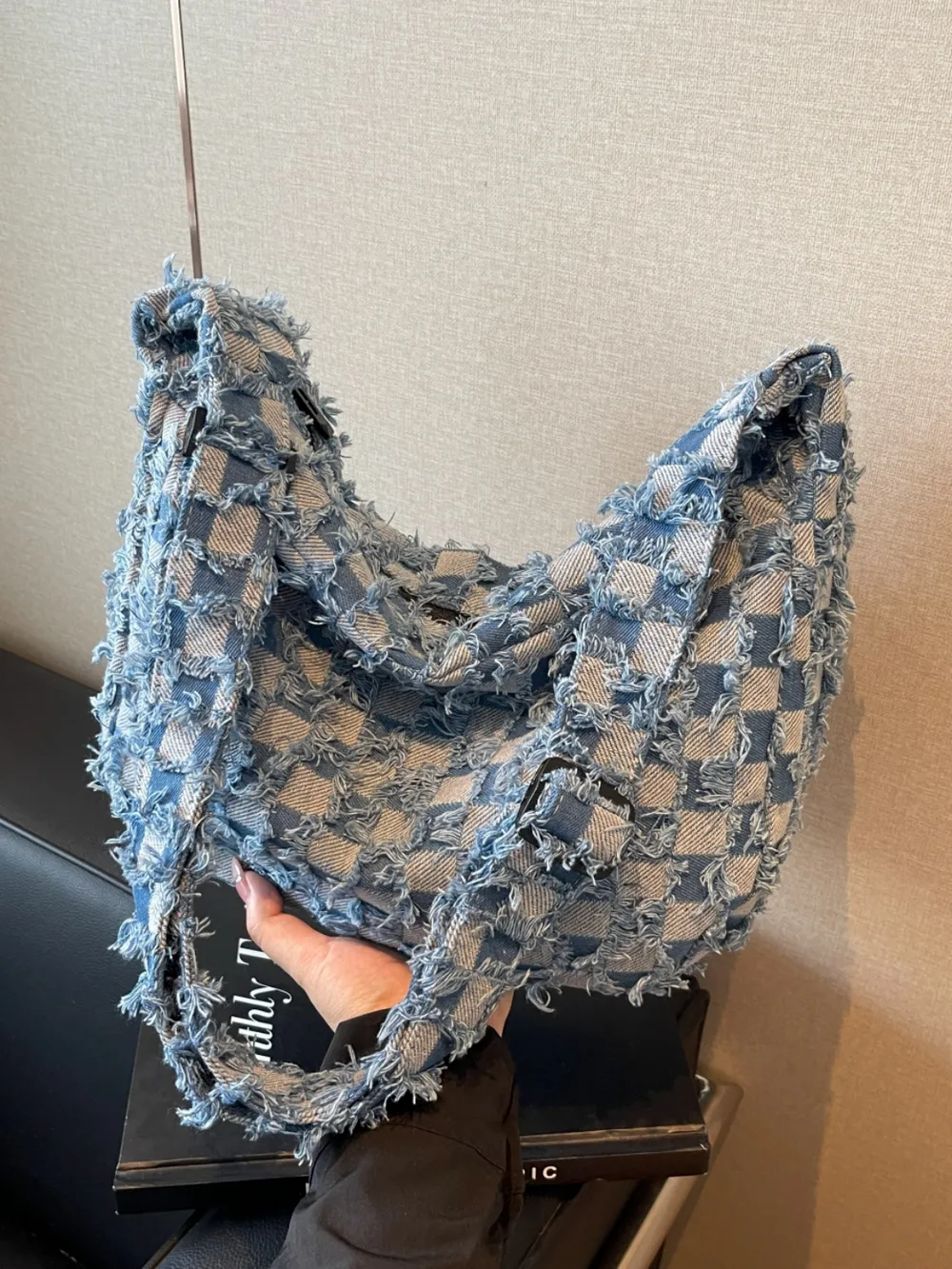 Checkered Raw Edge Denim Shoulder Bag - Image 2