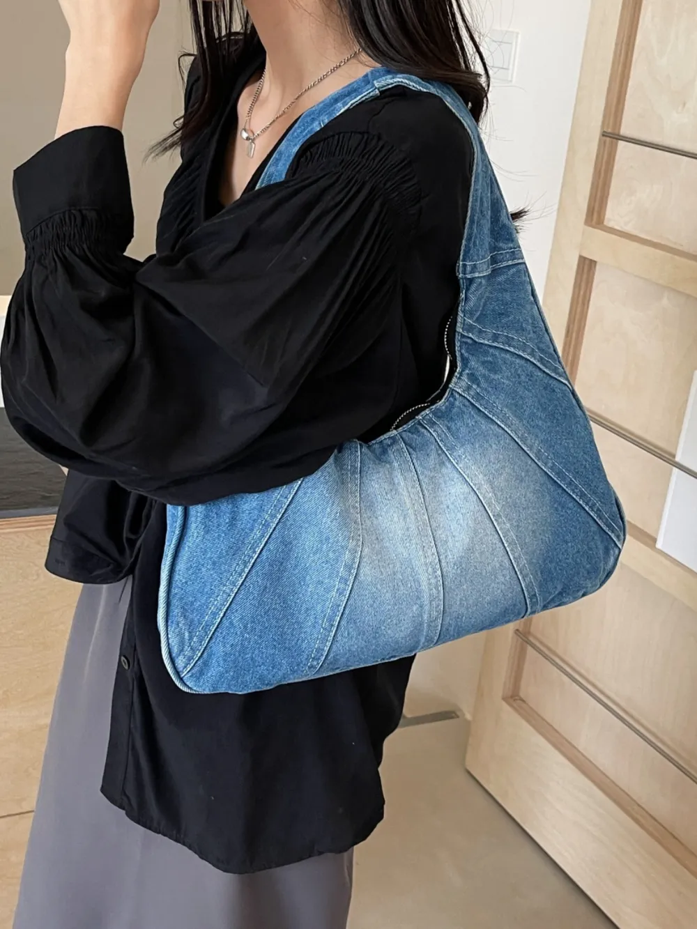 Crescent Shaped Denim Shoulder Bag - Image 6