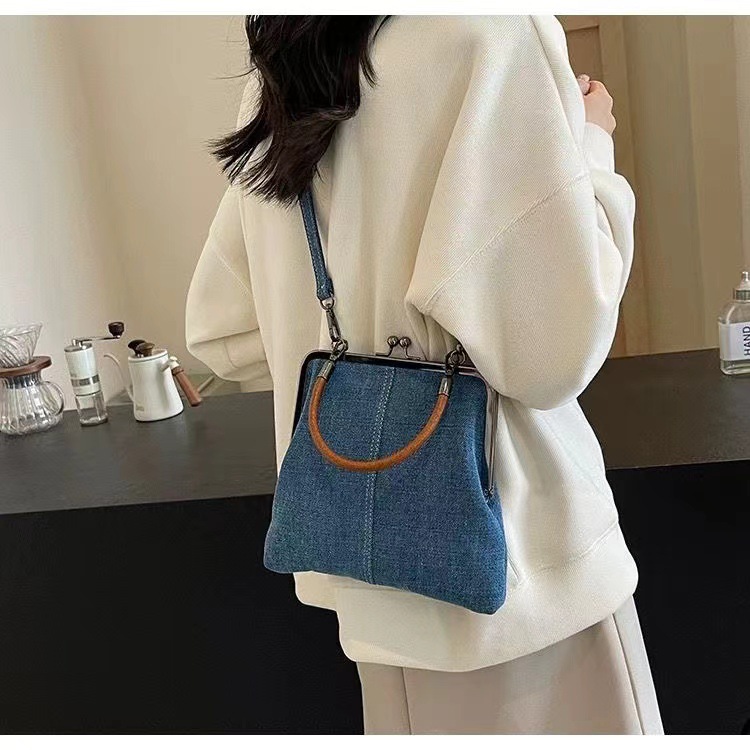 Small handbag women's handbag handmade denim splicing hand-held crossbody bag single shoulder bag small shoulder bag - Image 4
