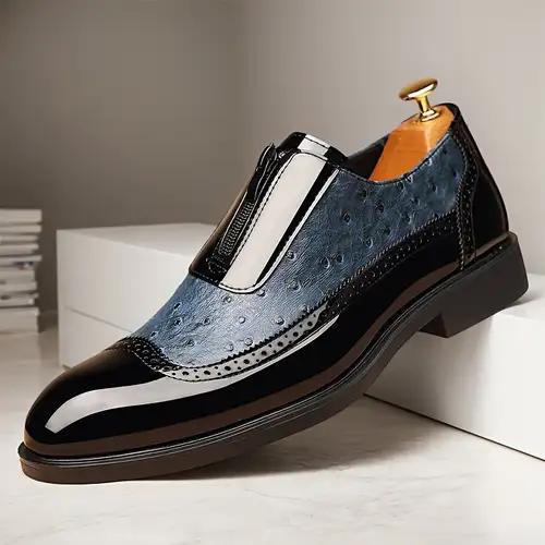 Embossed zipper pointed men's shiny leather Chelsea men's single shoes - Image 2