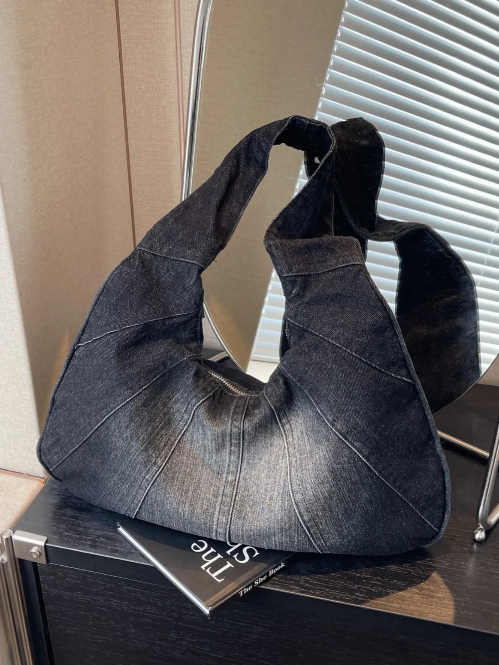 Crescent Shaped Denim Shoulder Bag - Image 8