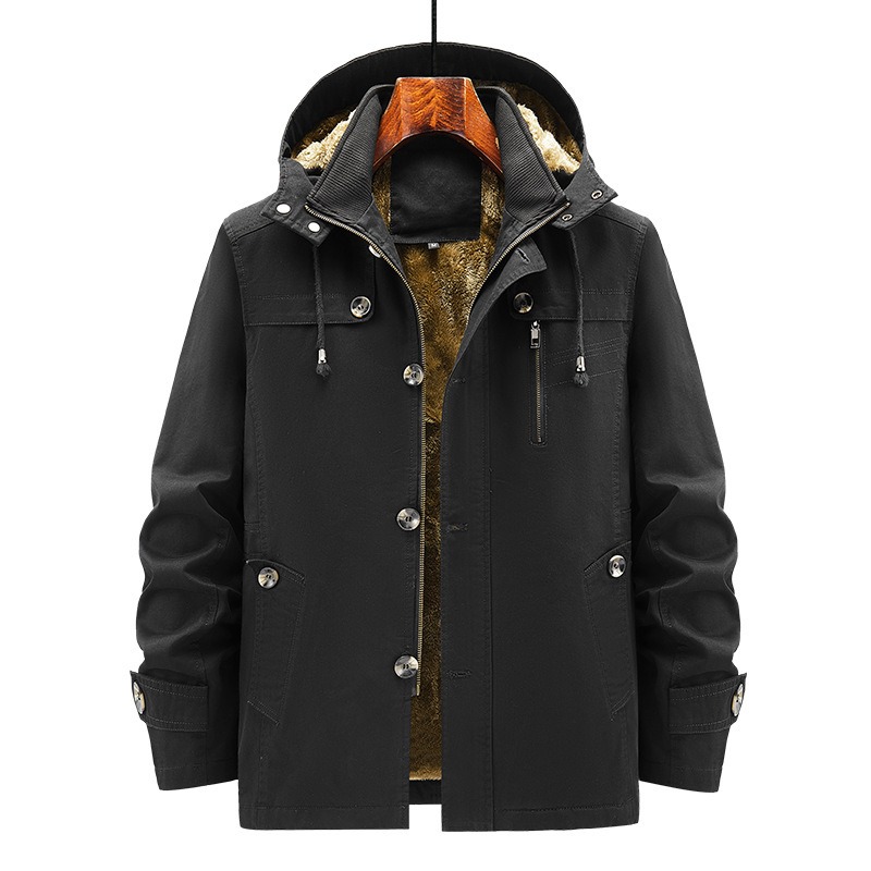 Autumn and winter new velvet windbreaker mid long hooded washed jacket pure cotton plus men's loose jacket - Image 4