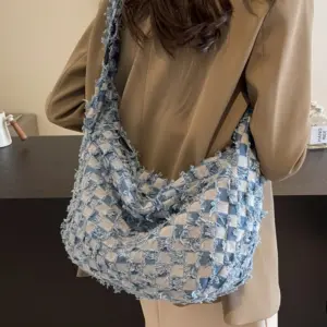 Checkered Raw Edge Denim Shoulder Bag