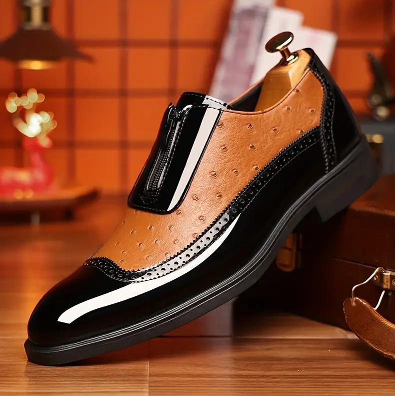 Embossed zipper pointed men's shiny leather Chelsea men's single shoes - Image 3
