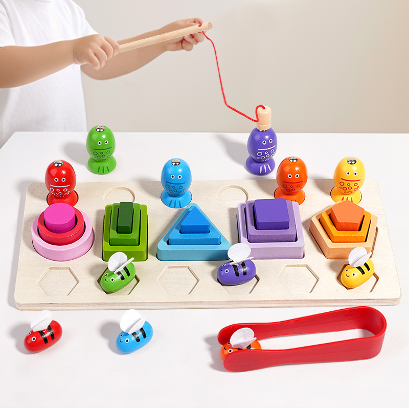 Christmas toy gift wooden three in one magnetic clip bee set pillar for children's early education puzzle geometry cognition matching building block toy - Image 3