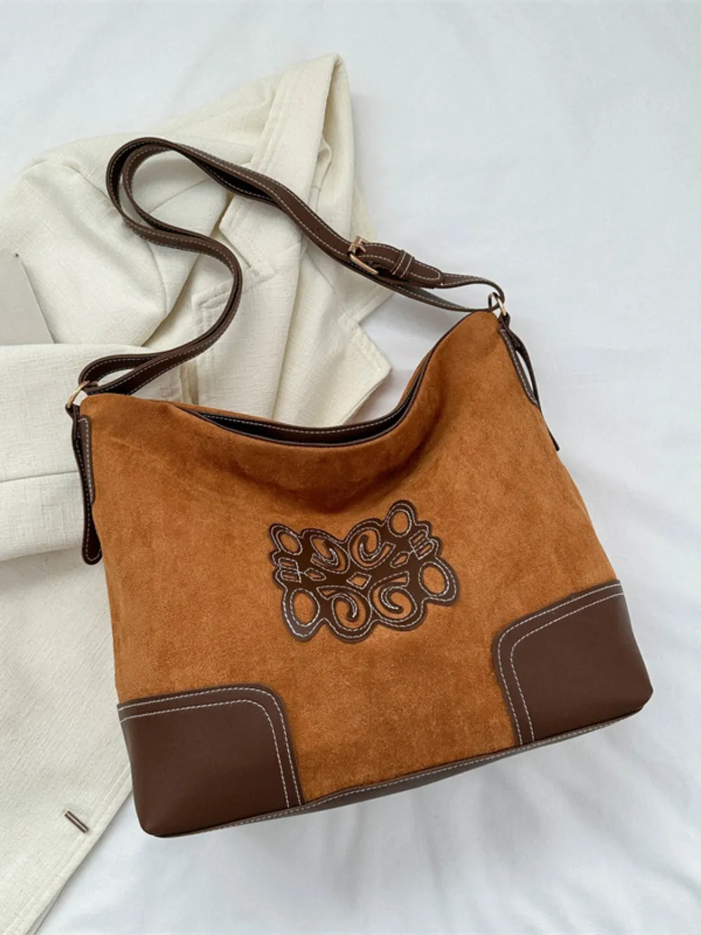 Suede Patch Adjustable Strap Tote Bag - Image 12