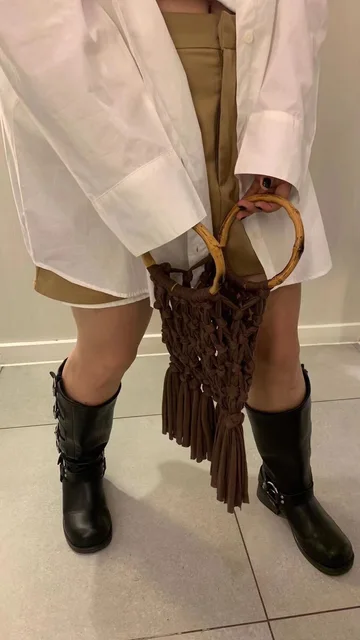 Cotton Knitted Tassel Hollow Bag DIY Hand Woven Bag Circular Handheld Small Bag - Image 9