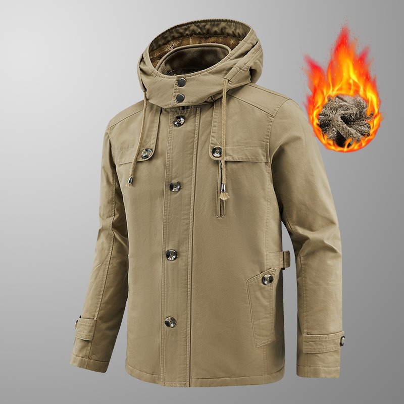 Autumn and winter new velvet windbreaker mid long hooded washed jacket pure cotton plus men's loose jacket - Image 6