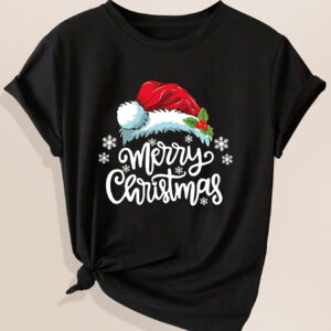 Women's Christmas Pattern Printed T-Shirt with Santa Hat and Snowflake Design Short Sleeve Round Neck Casual Top