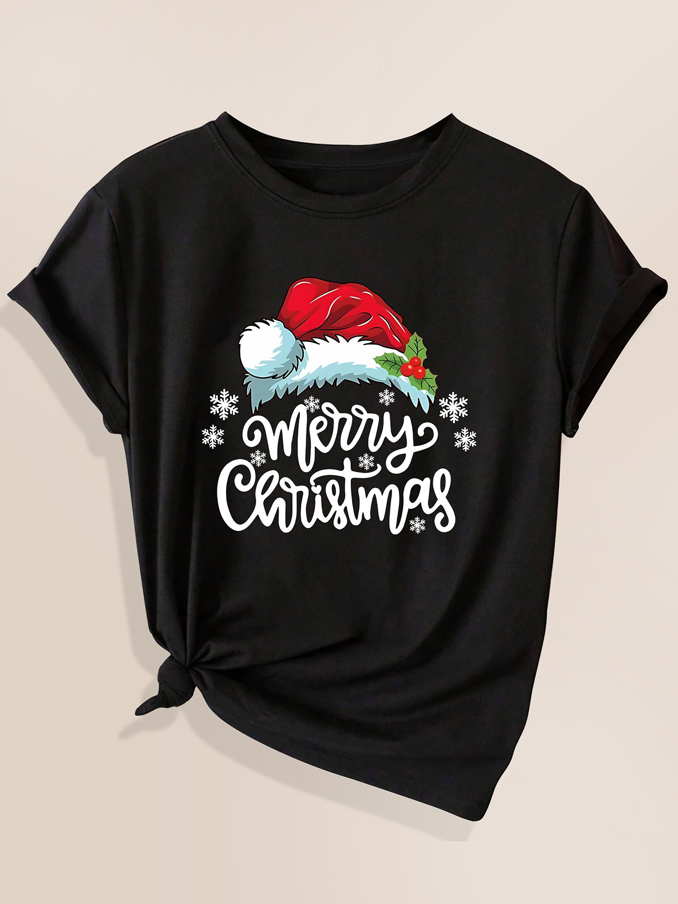 Women's Christmas Pattern Printed T-Shirt with Santa Hat and Snowflake Design Short Sleeve Round Neck Casual Top