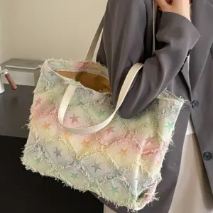 Raw Hem Rainbow Color Tote Bag