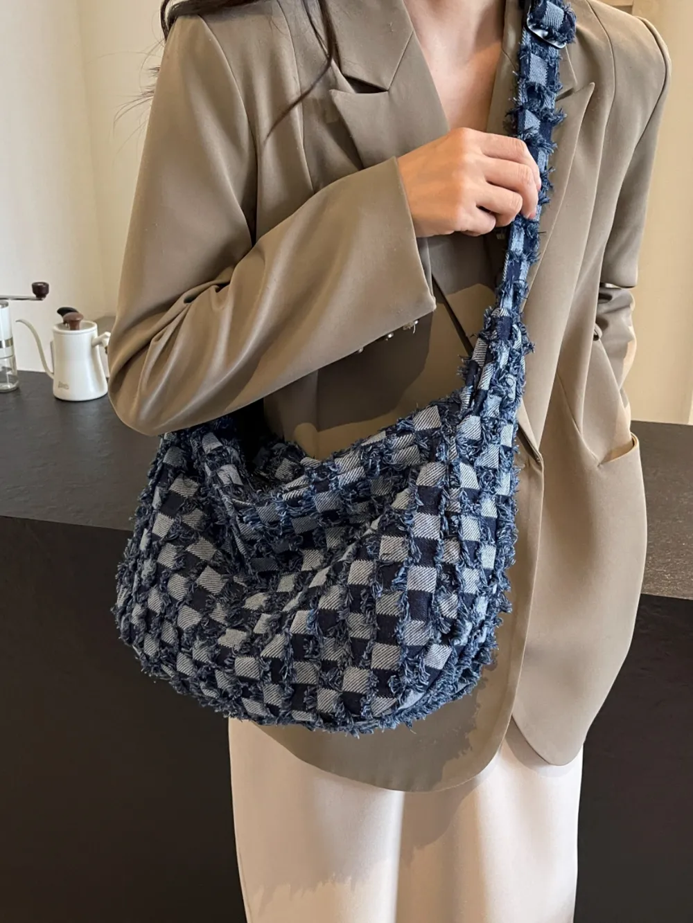 Checkered Raw Edge Denim Shoulder Bag - Image 5