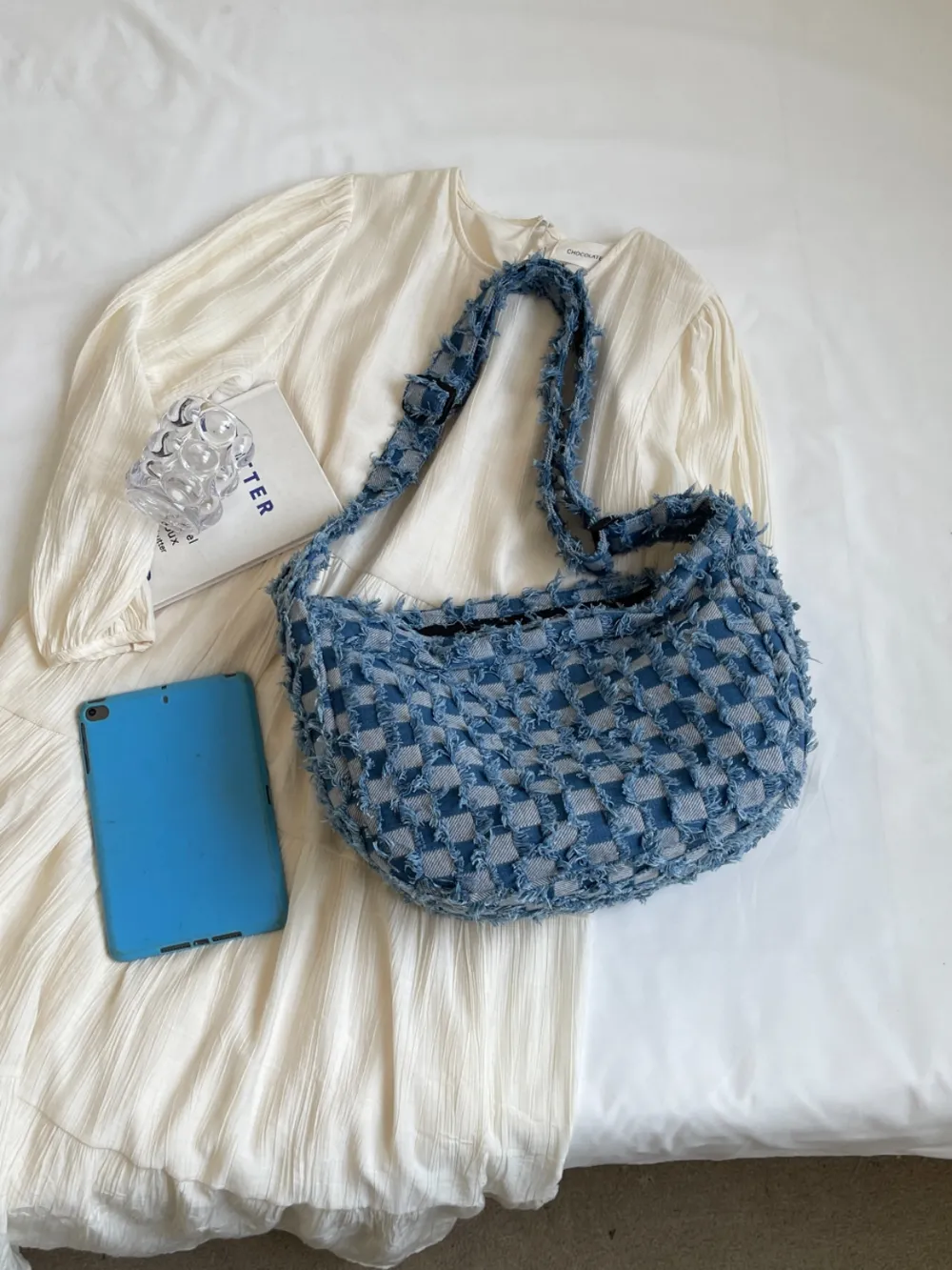 Checkered Raw Edge Denim Shoulder Bag - Image 3