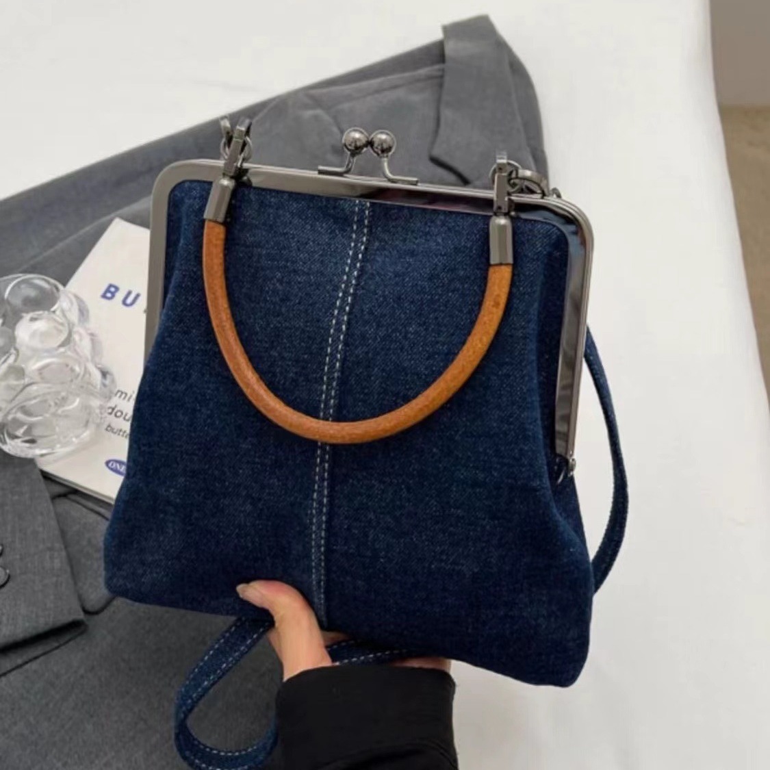 Small handbag women's handbag handmade denim splicing hand-held crossbody bag single shoulder bag small shoulder bag - Image 2