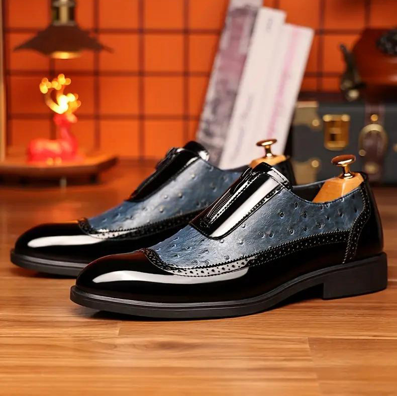 Embossed zipper pointed men's shiny leather Chelsea men's single shoes - Image 5