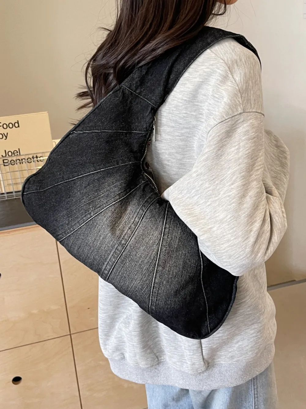 Crescent Shaped Denim Shoulder Bag - Image 7