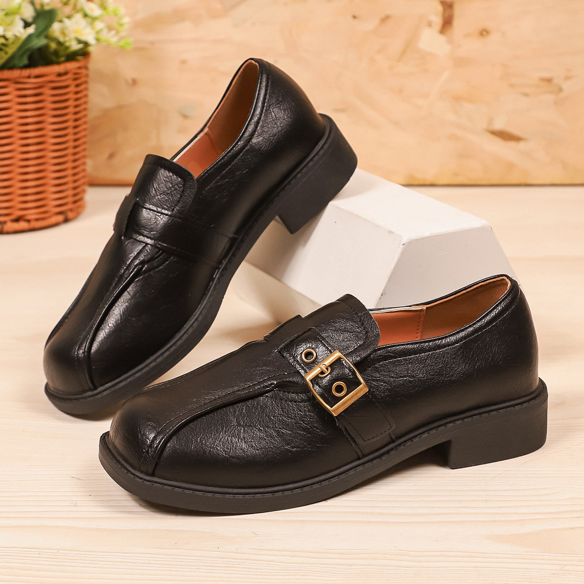 Low Heel Square Heel Loafers Women British Style Slip-On Round Toe Leather Shoes - Image 6